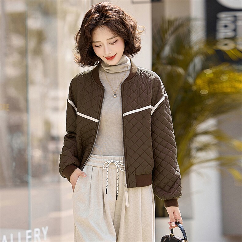 PU皮棉衣棉服女2024冬季新款小个子短款外套棉袄菱形格夹棉夹克,女装皮衣,魅丽静蓝