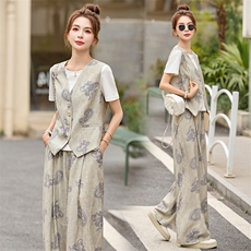 时尚印花马甲阔腿裤套装女2025夏季新款气质休闲短袖阔腿裤三件套，女装套装/套裙，依如秀(原杭风阁)