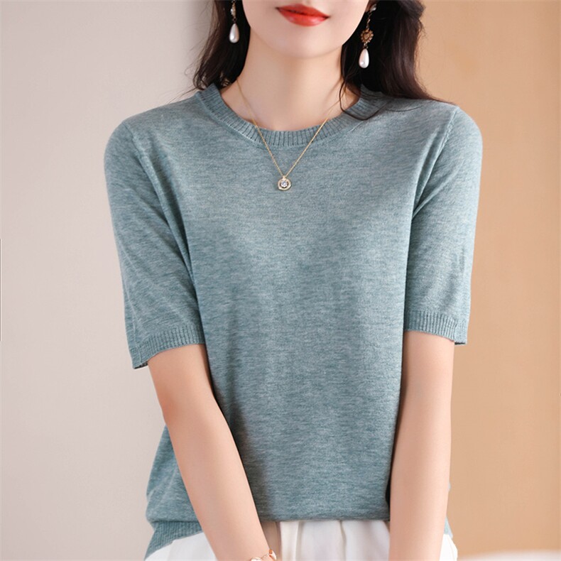 秋季圆领短袖女羊毛衫宽松短款打底衫半袖针织衫薄款时尚羊绒毛衣，女装羊毛衫，温伦斯特羊绒