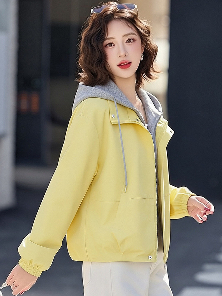 （现货）时尚假两件连帽短外套女新款宽松减龄上衣,女装短外套,韩蔻秀