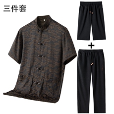 大货新款男士夏仿香云纱唐装中老年短袖衬衫套装风新中式T恤，男装T恤，钱塘723