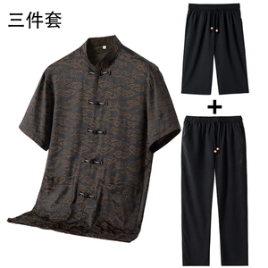 大货新款男士夏仿香云纱唐装中老年短袖衬衫套装风新中式T恤图片