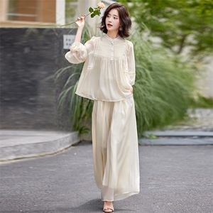 超仙时尚雪纺套装女2025春夏新款半透减龄显瘦流行阔腿裙裤三件套图片