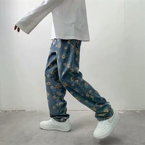小雏菊牛仔裤男潮流韩版百搭秋季男潮牌ins宽松9分直筒坠感阔腿裤图片