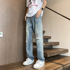 美式复古牛仔裤男破洞设计感裤子美式高街直筒微喇裤N7269-P45，男装牛仔裤，星座308B-2