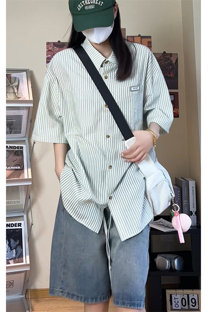 夏季潮流大码宽松百搭撞色贴标条纹短袖衬衫DC2218-P38【特价】,男装T恤,电商A007
