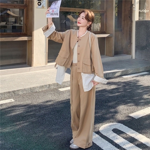 条纹拼接假两件外套直筒裤两件套2025秋季新款韩系卡其色淡人套装图片