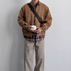 春秋韩版时髦vintage复古系扣立领麂皮绒夹克男士宽松短款外套潮，男装夹克，星座506A