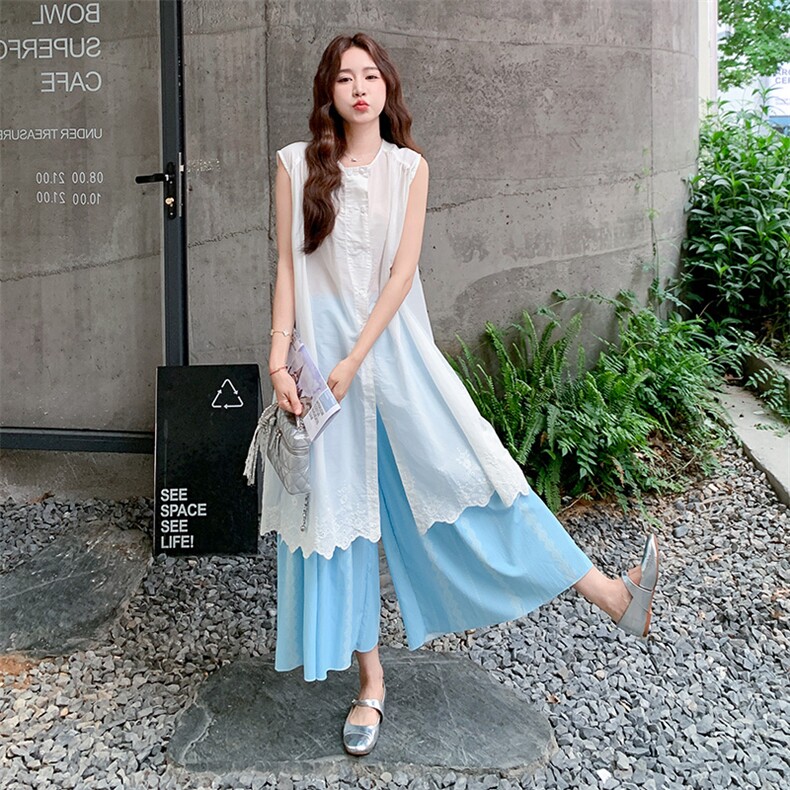 文艺风刺绣背心连衣裙套装女2025夏季新款韩系宽松阔腿裙裤两件套,女装套装/套裙,2C169
