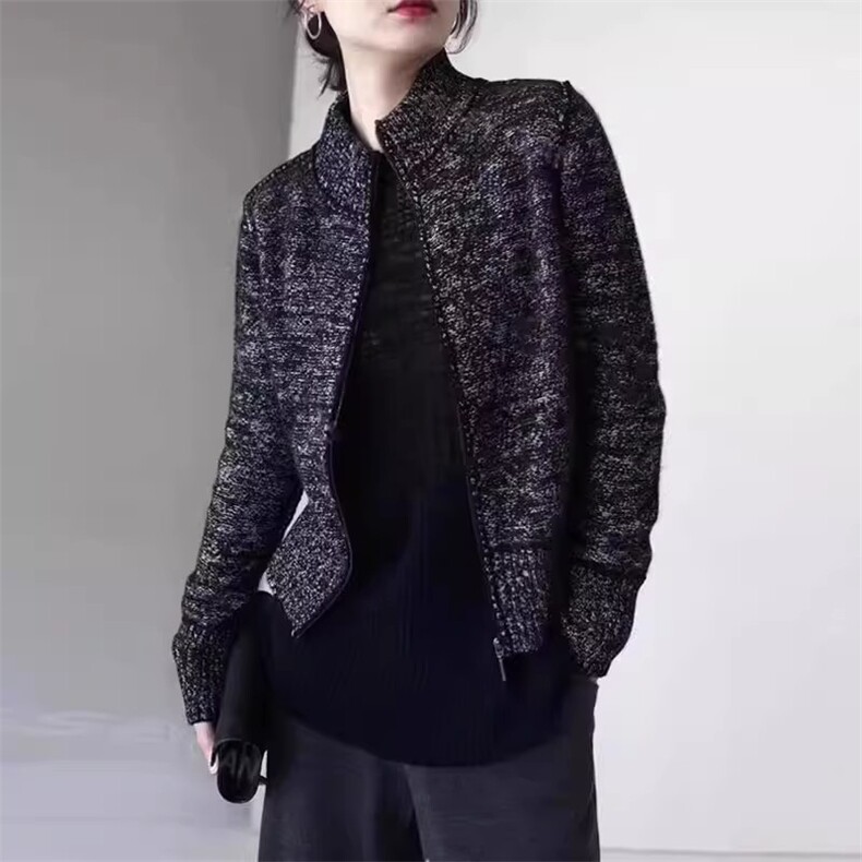 时尚潮流2024年秋冬季新款通勤百搭花纱立领拉链羊毛开衫,女装羊毛衫,丽特绒