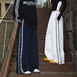 嘻哈设计感格子拼接垂感直筒裤子男美式街头宽松阔脚运动休闲裤图片