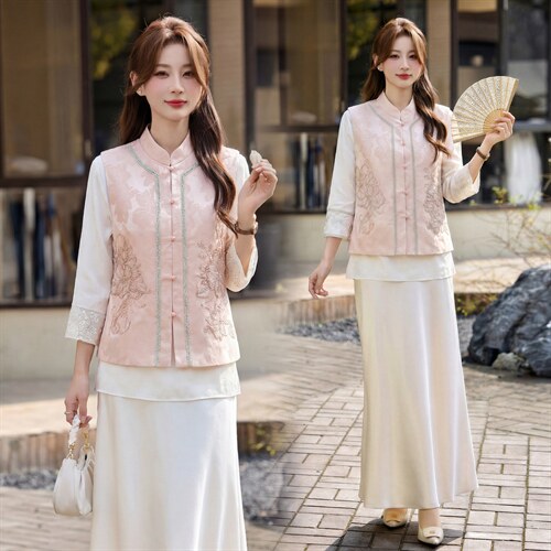 现货春装新款简约时尚休闲重工艺钉珠减龄马甲可组合三件套半裙衫，女装马甲，韩美纤衣