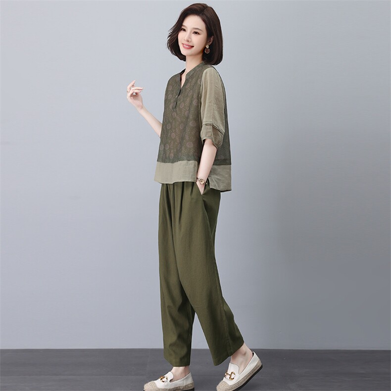 苎麻休闲套装女夏2025新款大码中年妈妈小个子洋气减龄棉麻两件套,女装套装/套裙,忆绮罗