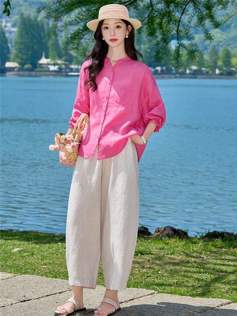 长袖棉麻上衣女2026年夏季气质翻领宽松慵懒风防晒衬衫罩衣,女装衬衫,梦懿尔