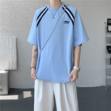 抖音品质夏季新款美式条纹落肩宽松短袖T恤B315-ST004-特p35控68，男装T恤，电商B315