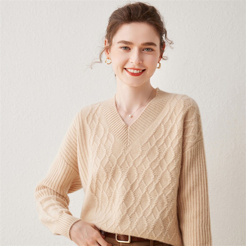 优雅百搭V领羊绒衫秋冬新款舒适时尚女装毛衣显瘦保暖针织衫，女装羊绒衫，雅之冉羊绒