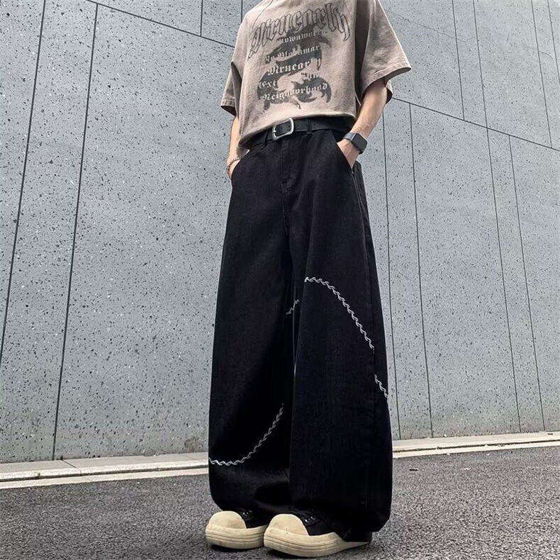 美式复古刺绣牛仔裤男女2025夏季街头中性风设计感刺绣阔腿拖地裤,男装牛仔裤,星座715-4
