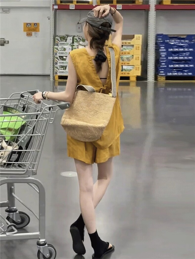 高级感时尚潮流套装女夏新款宽松纯色圆领无袖上衣阔腿短裤两件套,女装套装/套裙,江南