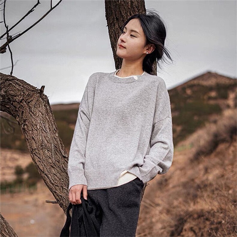 时尚宽松假两件下摆开叉设计羊毛针织毛衣,女装羊毛衫,泰沅羊绒
