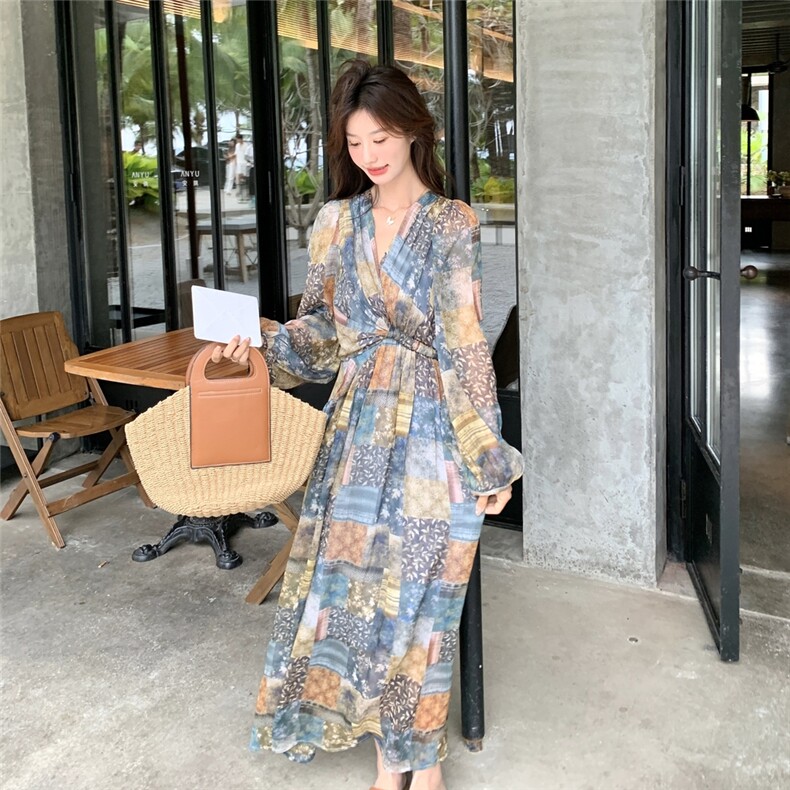 法式复古碎花连衣裙女夏季新款度假风森系小众收腰显瘦气质长裙子,女装连衣裙,浙宝210（原浙宝191）
