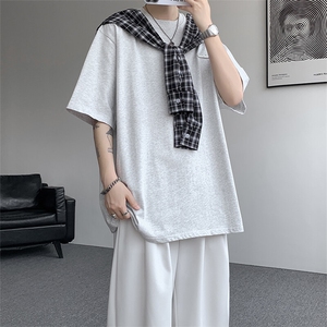 8XL-M 潮情侣美式拼接打结格子假两件短袖宽松纯棉T恤男 DX338图片