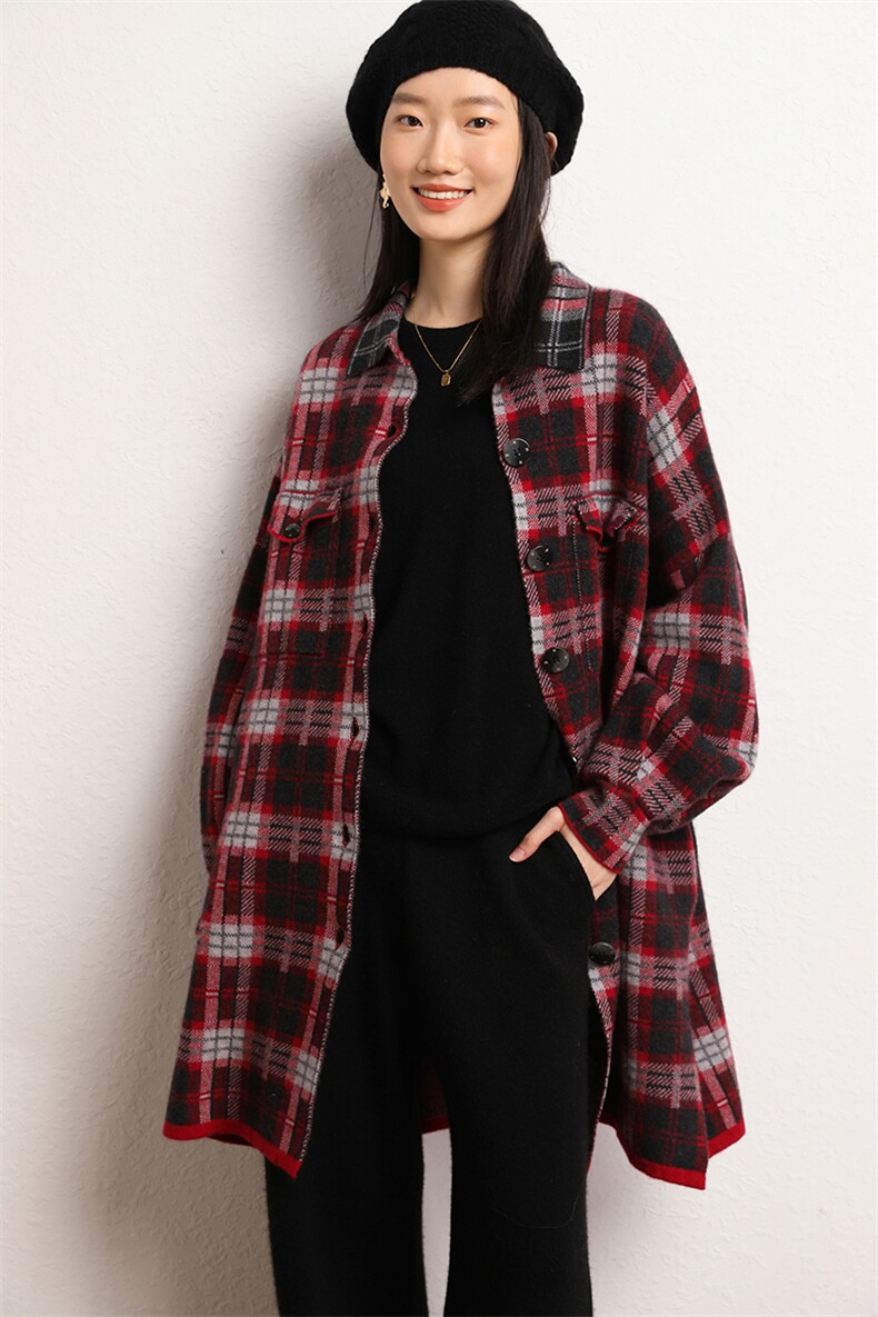 羊绒开衫女中长款千鸟格子衬衣领针织大衣外套,女装羊绒大衣,五色羊羊绒