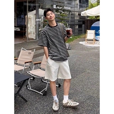条纹拼接小领口短袖t恤男夏季新款潮牌宽松休闲半截袖WLT077-P38，男装T恤，星座1008