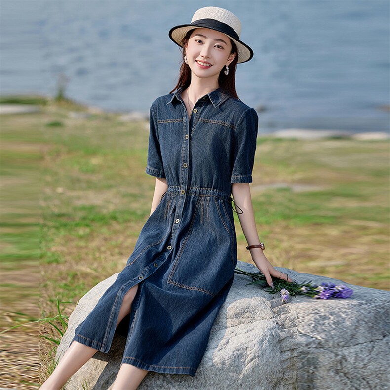气质翻领短袖牛仔连衣裙女2025新款夏季薄款气质收腰显瘦休闲裙子,女装连衣裙,文熹诺