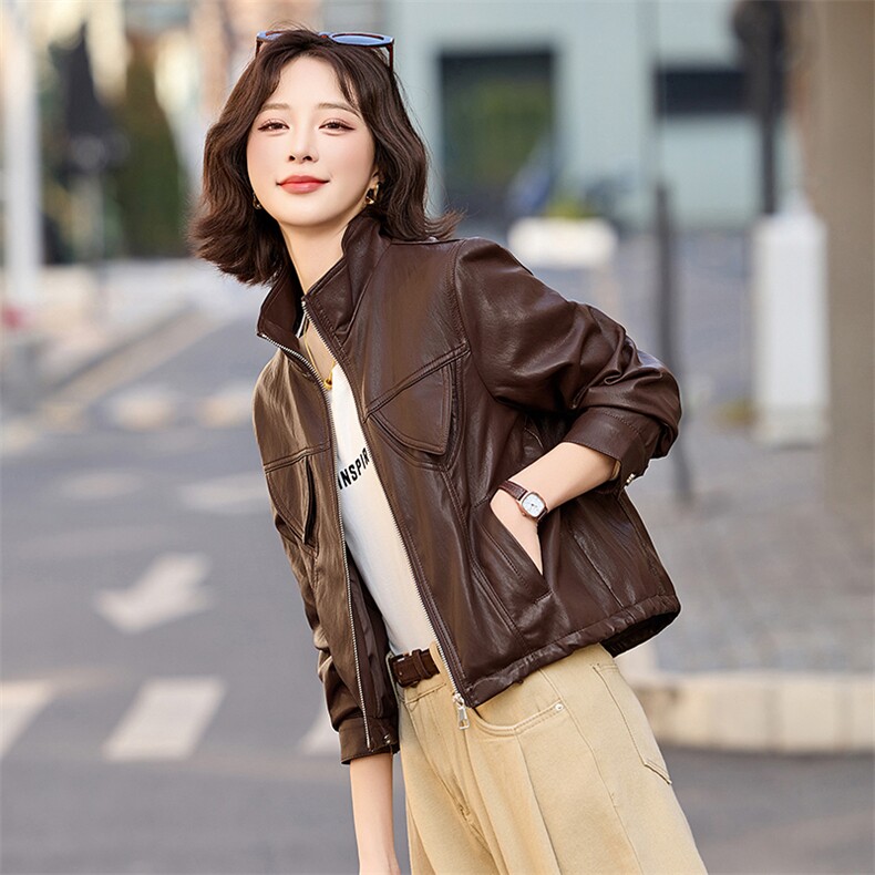 皮衣外套女短款2025新款春季时尚立领小个子休闲机车服皮夹克上衣,女装皮衣,臻衣坊
