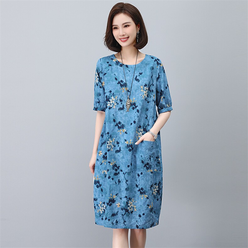 高端棉麻连衣裙女2025夏季新款宽松休闲中年妈妈薄款亚麻碎花裙子,女装连衣裙,独衣靓