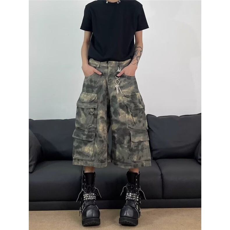 美式复古迷彩晕染多口袋休闲短裤男女同款夏季宽松直筒阔腿七分裤,男装牛仔裤,星座506A