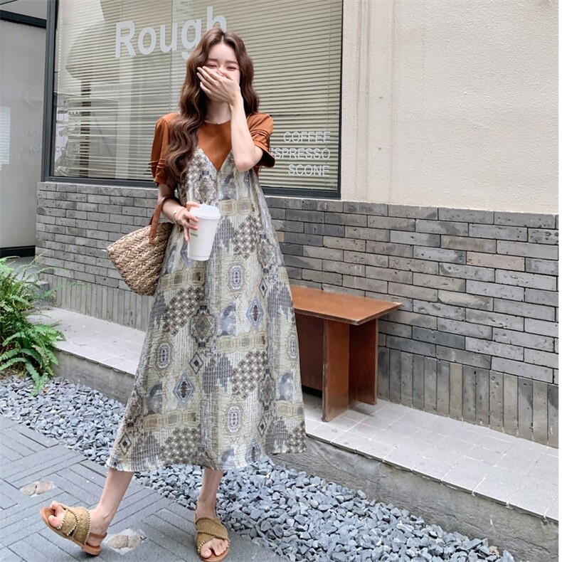 韩版印花拼接假两件连衣裙女2025夏季新款时尚独特显瘦小众长裙子,女装连衣裙,2C198