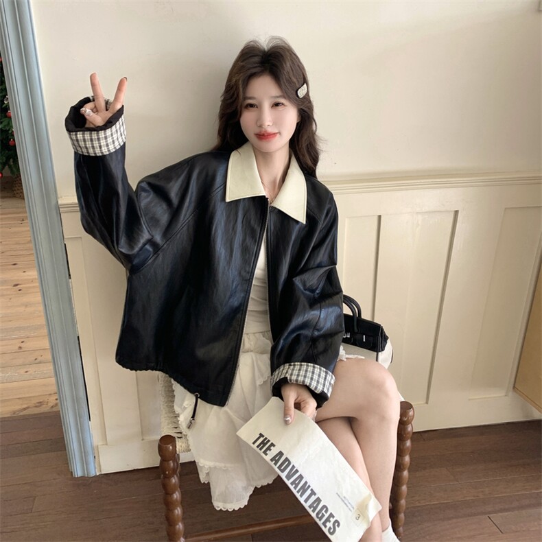 新款现货，拼接皮衣外套2C093-6692-P165-K268,女装短外套,2C093