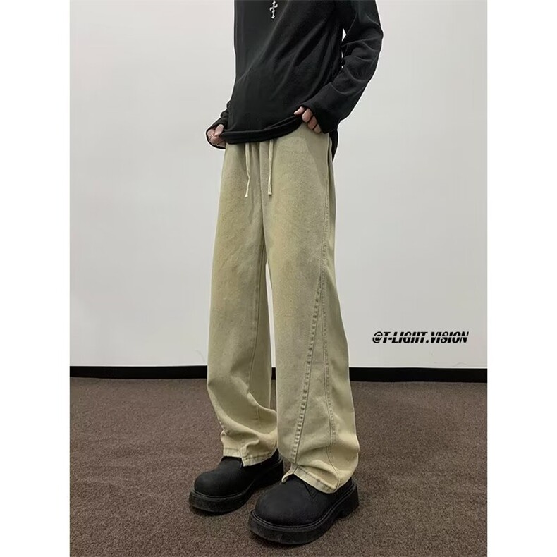 春季潮牌牛仔裤男美式复古黄泥色裤子宽松直筒系绳K6074-P45,男装牛仔裤,星座1109-3