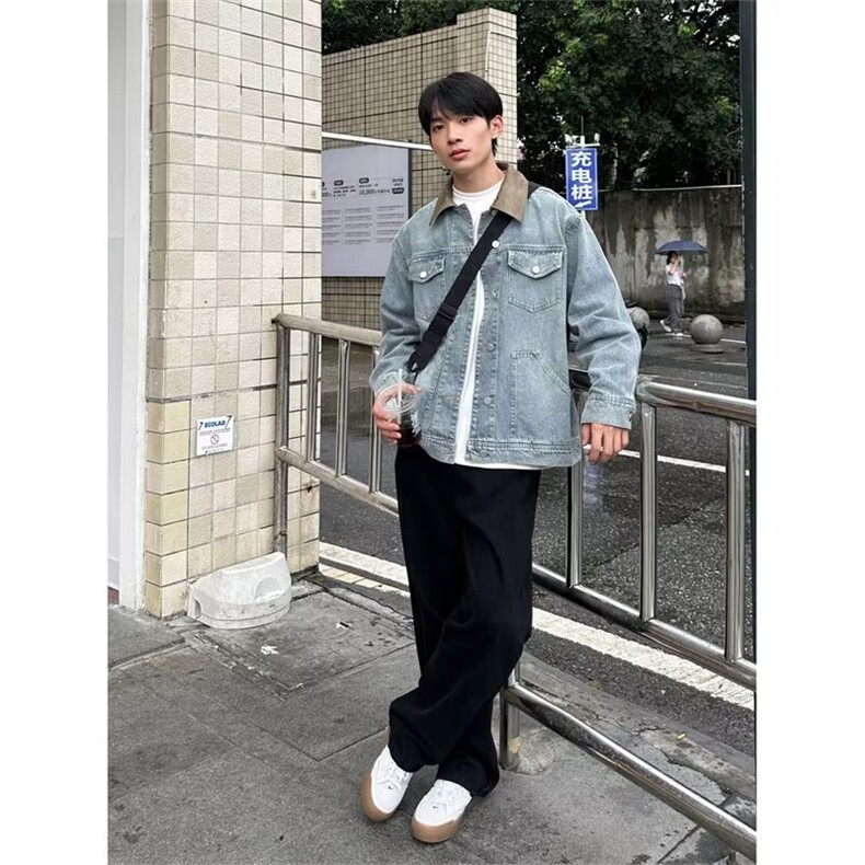 K2644-P64水洗做旧纽扣复古牛仔夹克外套重工废土风翻领痞帅,男装工装外套,电商B323A