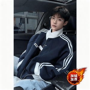 网图有货 美式撞色运动加绒夹克男女三条杠开衫棒球服 A986-P55图片