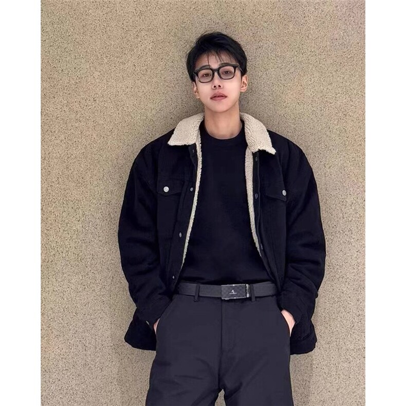 羊羔绒翻领黑色加绒牛仔外套男冬季保暖工装棉衣美式复古加厚夹克图片