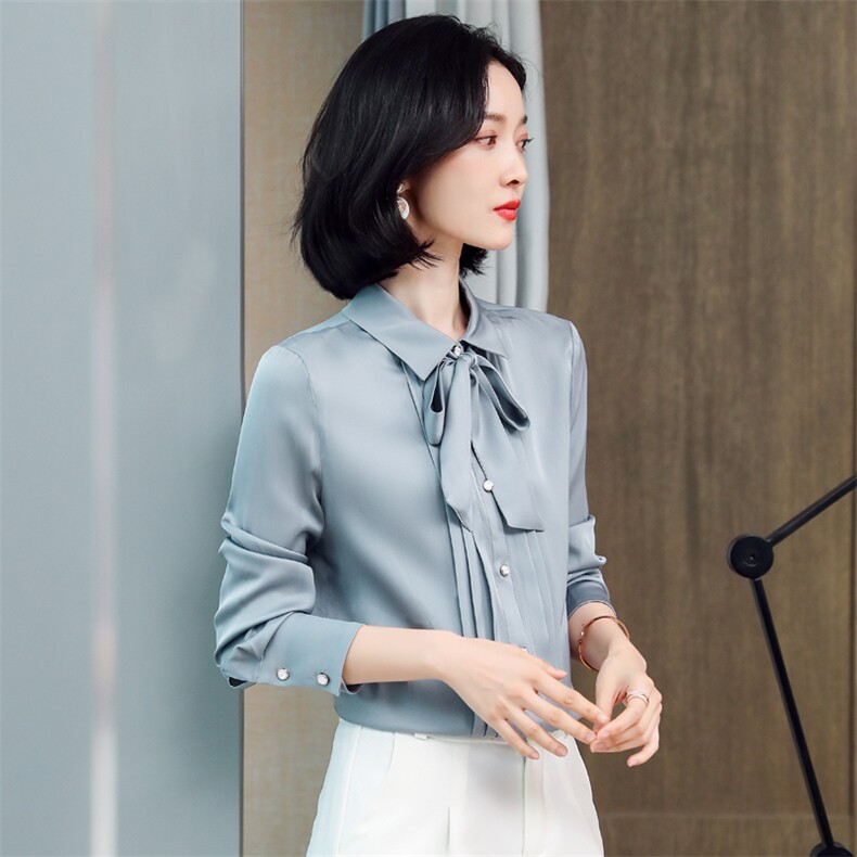 重磅真丝衬衫女长袖2023年秋季新款设计感小众飘带高端真丝上衣,女装衬衫,阿舍尔精品