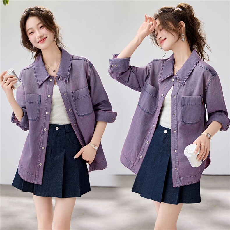 2026春季新款紫色渐变牛仔衬衫女设计感小众纯棉上衣休闲宽松外套，女装衬衫，艾米