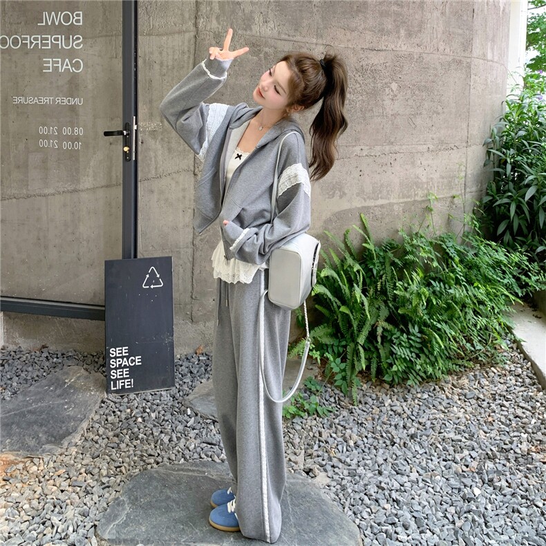 休闲运动灰色连帽卫衣阔腿裤套装女春秋松弛感两件套爆款俏皮活泼，女装套装/套裙，浙宝208