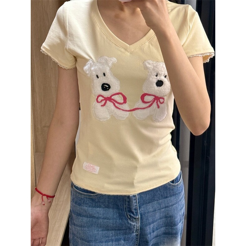 H0996-P35拼接蕾丝+毛巾绣包边拉肩V领修身正肩短袖T恤,女装T恤,星座617A-2