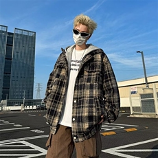 秋款男假两件连帽夹克条纹格子毛呢休闲外套JK0081P75，男装夹克，星座1013-1