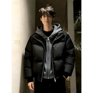 现货高品质重磅工艺美式高街假两件PU皮棉衣男女加厚棉服外套图片