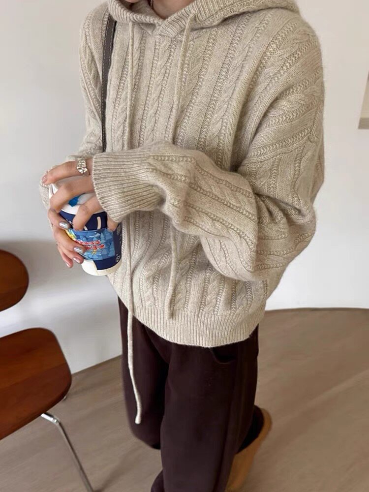 连帽毛衣女秋冬2024新款宽松慵懒风针织衫长袖上衣,女装羊毛衫,思途羊绒
