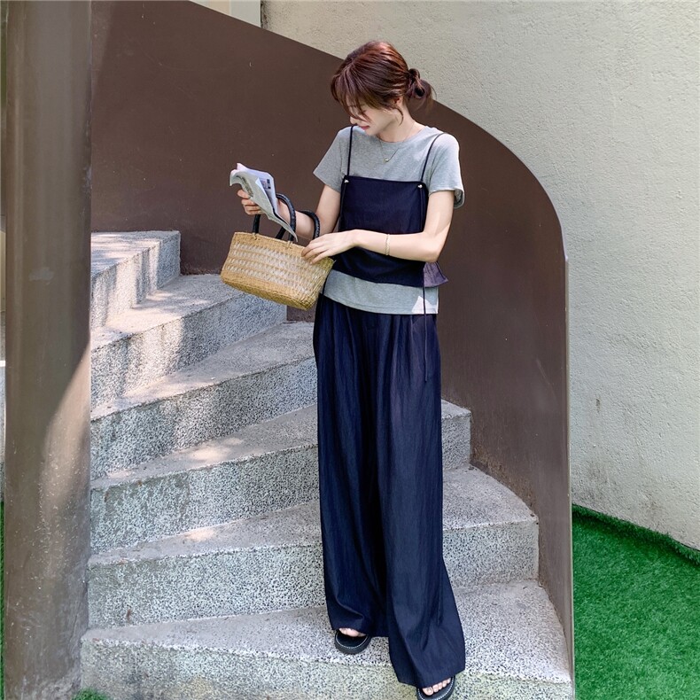 韩系休闲穿搭三件套女士2025夏季新款圆领短袖显瘦吊带阔腿裤套装,女装套装/套裙,2C166
