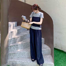 韩系休闲穿搭三件套女士2025夏季新款圆领短袖显瘦吊带阔腿裤套装，女装套装/套裙，2C166