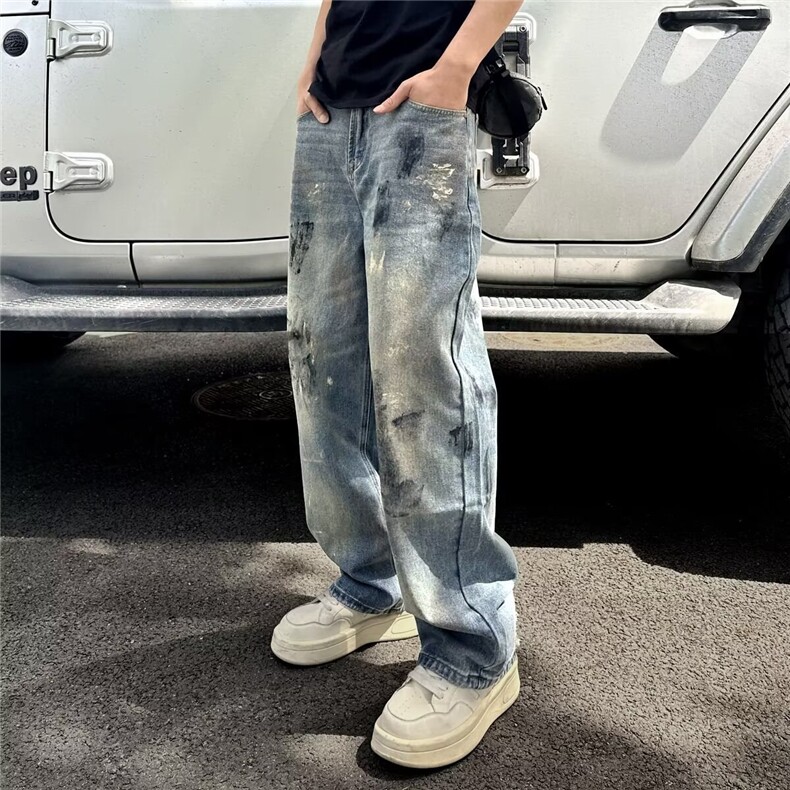 美式潮牌做旧扎染牛仔裤男高街痞帅设计感直筒阔腿长裤L21277-P50,男装牛仔裤,星座1008