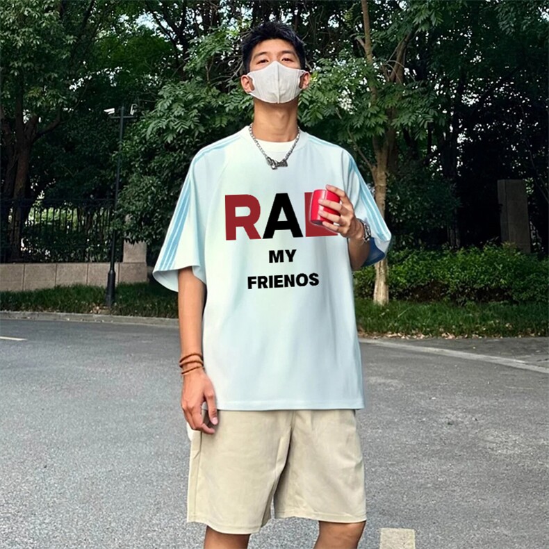 抖音得物品质二开240克宽松纯棉美式潮牌印花三条杠中性风短袖T恤,男装T恤,电商A486-1