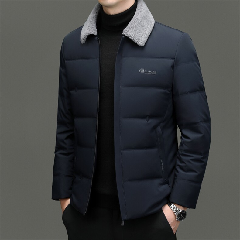 冬季羽绒服男短款带毛领保暖加厚休闲翻领白鸭绒中年男装外套,男装羽绒服,钱塘6003（原4033）