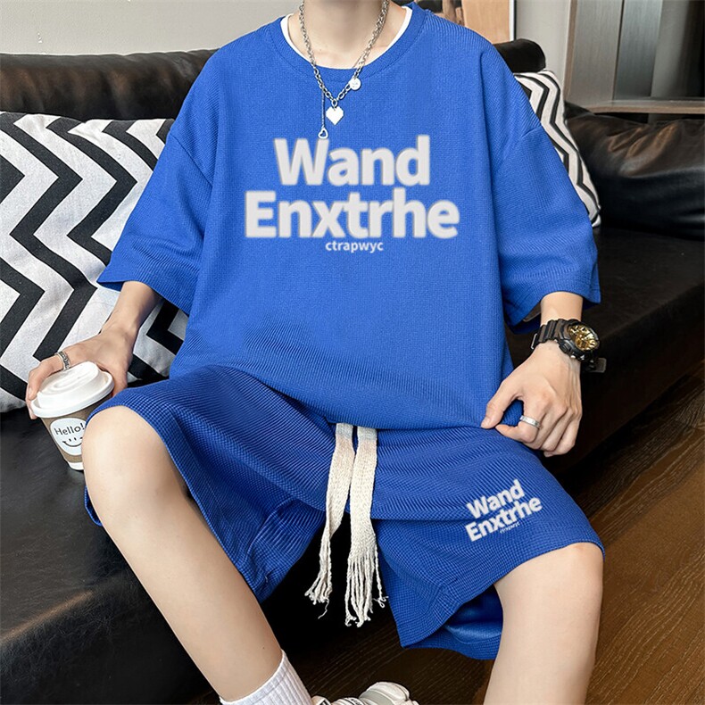 夏季短袖T恤套装男潮牌冰丝华夫格薄款短裤两件套宽松青少年穿搭,男装牛仔裤,星座1904A-1
